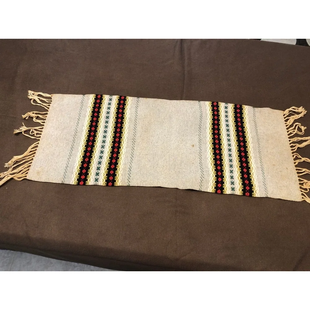 Vintage Scandinavian Table Runner Hand Woven Folk Art Wool 38x16 Nordic Kilim